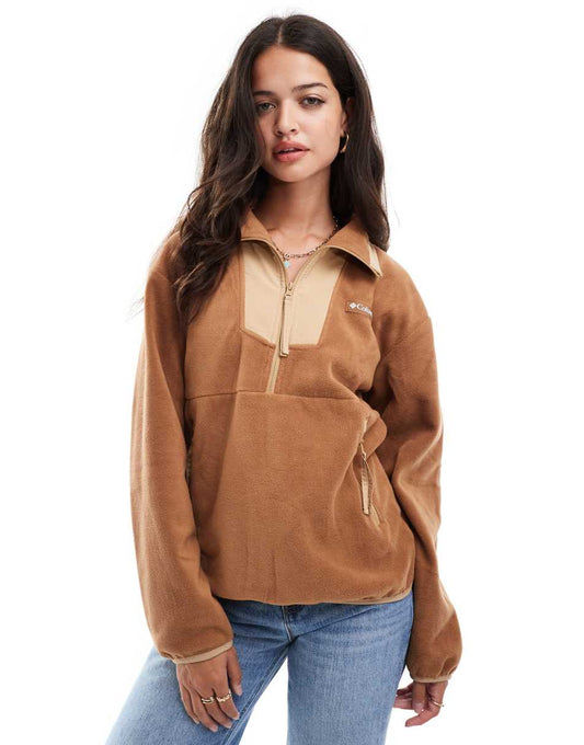 Sequoia Grove half zip sweat fleece in camel brown and canoe